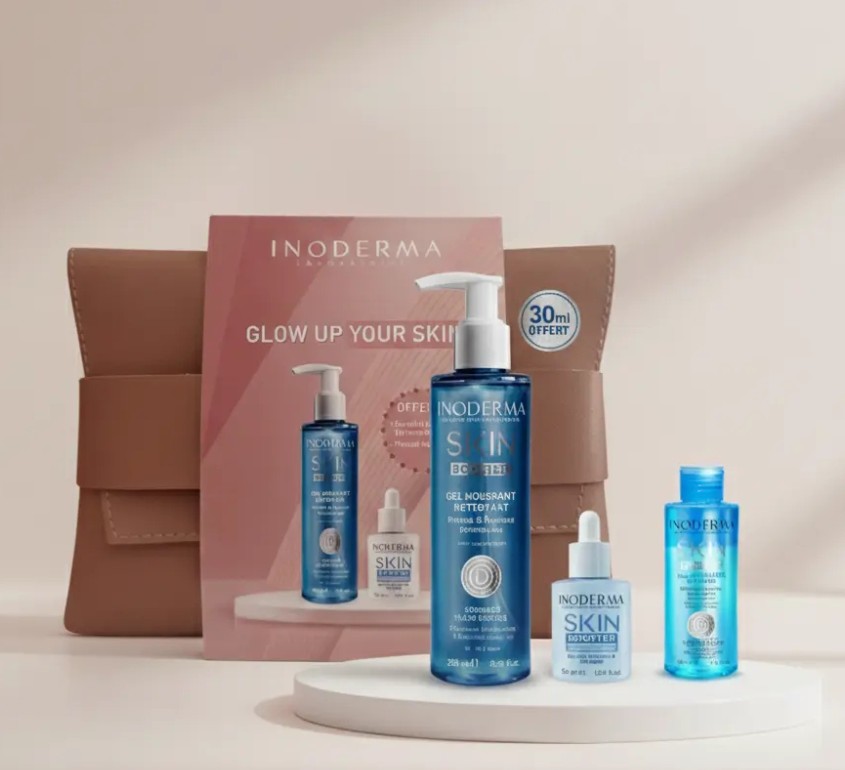 INODERMA TROUSSE GLOW UP YOUR SKIN GEL NETTOYANT + SERUM BOOSTER + EAU MICELLAIRE BIPHASÉ 30ML OFFERTE ET TROUSSE OFFERTE